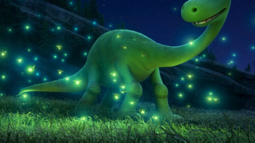 Arlo the Apatosaurus Among Fireflies 4K Desktop Wallpaper
