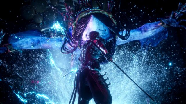 Warrior Facing Bioluminescent Leviathan 4K Desktop Wallpaper