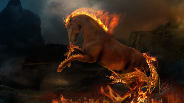 Fiery Stallion Rearing in Darkness 4K Wallpaper