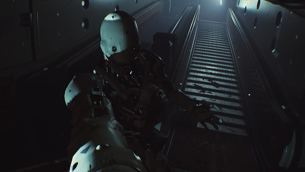 Robotic Soldier in Abandoned Corridor Desktop Wallpaper