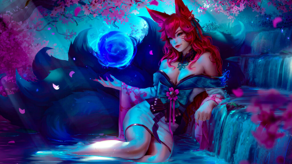 Spirit Blossom Ahri LoL Fantasy Art 4K Desktop Wallpaper