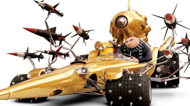Gru in His Gold Rocket Car Desktop Wallpaper