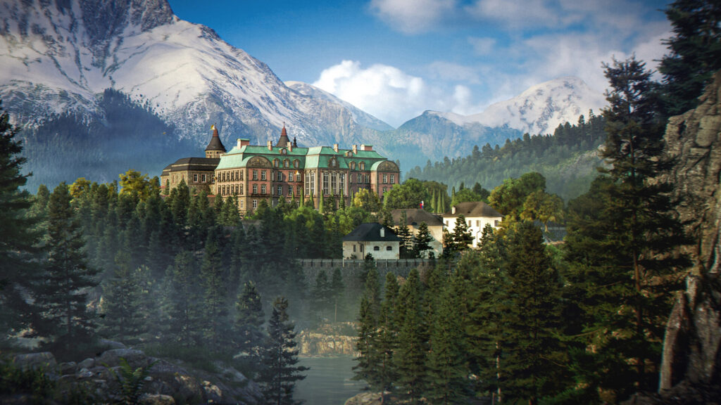 Luxurious Mountain Castle Estate Desktop Wallpaper