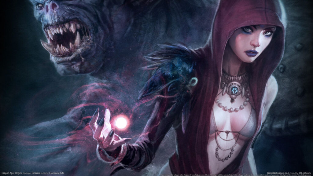 Dark Fantasy Sorceress with Demon Guardian Desktop Wallpaper
