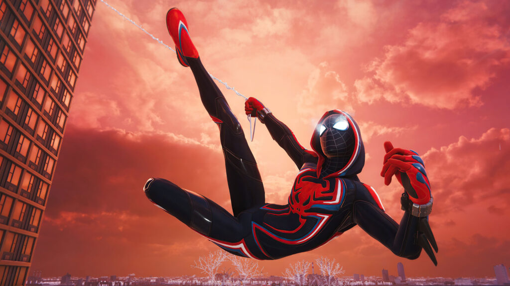 Spider-Man Red Suit Hanging from Web 4K Desktop Wallpaper