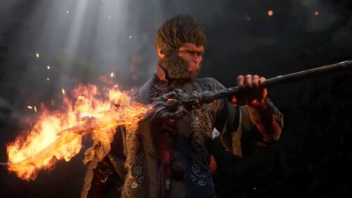 Sun Wukong Flaming Staff Battle Scene 4K Desktop Wallpaper