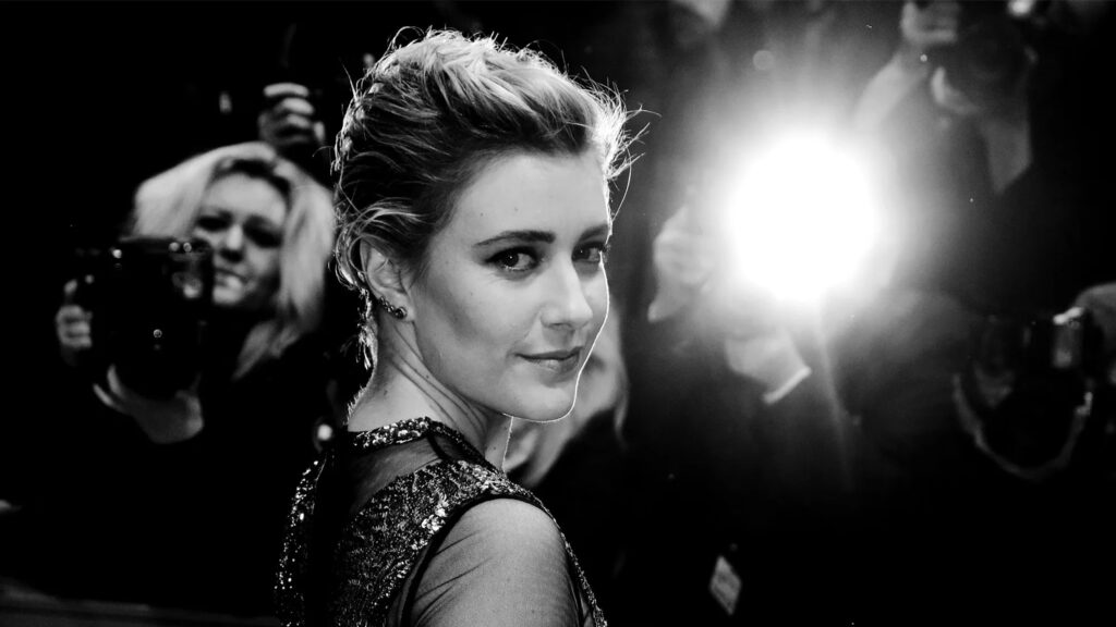 Greta Gerwig Elegant Red Carpet Moment Desktop Wallpaper
