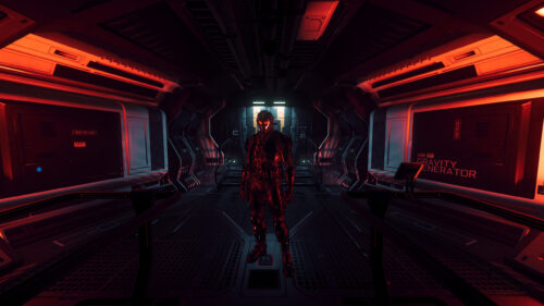 Futuristic Sci-Fi Soldier in Red Corridors 4K Desktop Wallpaper