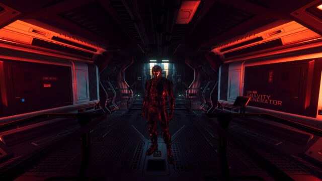 Futuristic Sci-Fi Soldier in Red Corridors 4K Desktop Wallpaper