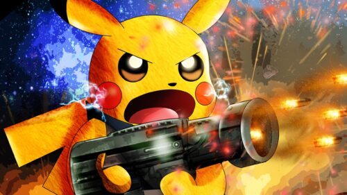 Aggressive Pikachu Armed with a Futuristic Weapon Desktop Wallpaper