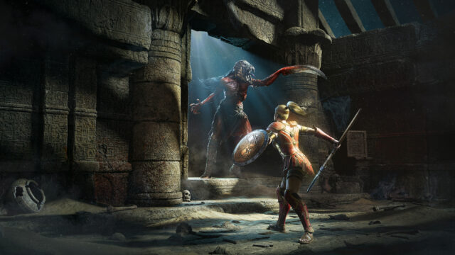 Warrior Facing an Ancient Demon in Stone Ruins 4K Wallpaper
