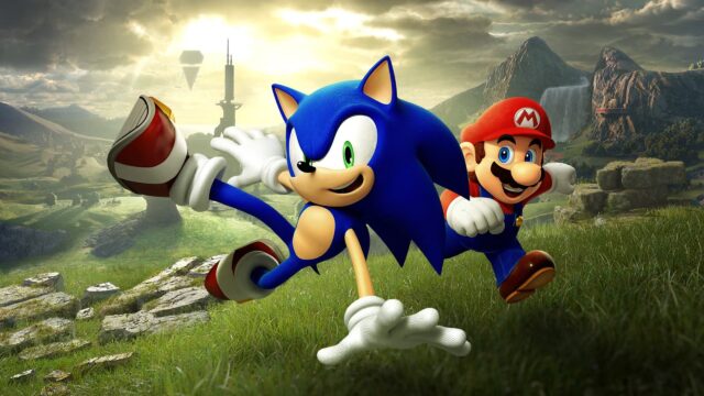 Sonic and Mario Running Through Starfall Islands Desktop Wallpaper