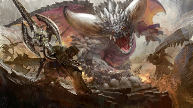 Fierce Fantasy Battle Against a Colossal Spiked Dragon Desktop Wallpaper