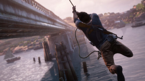 Nathan Drake Swinging from a Rope 4K Desktop Wallpaper