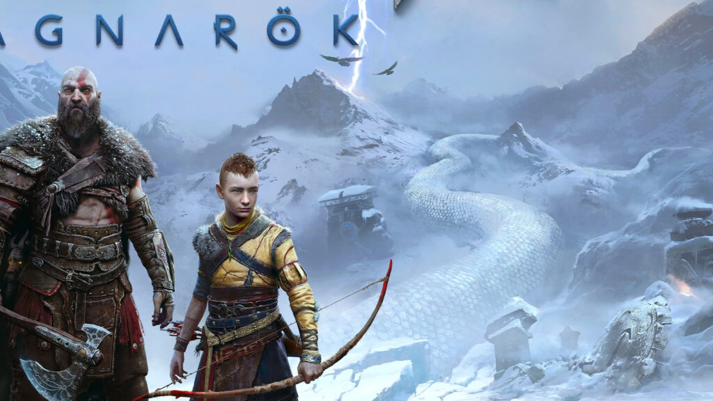 God of War Ragnarök Characters in Snowy Landscape Desktop Wallpaper