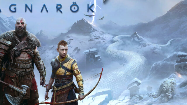 God of War Ragnarök Characters in Snowy Landscape Desktop Wallpaper