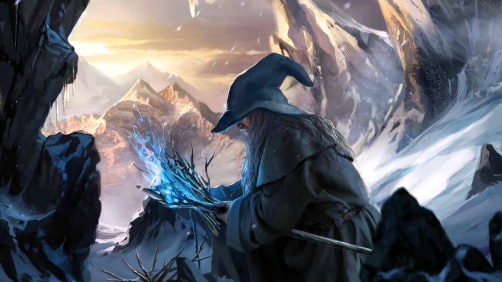 Gandalf the Grey in Snowy Mountains 4K Desktop Wallpaper