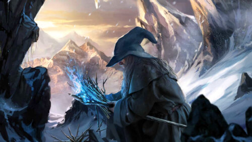 Gandalf the Grey in Snowy Mountains 4K Desktop Wallpaper
