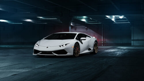 Sleek White Lamborghini Huracán Parking Garage Desktop Wallpaper
