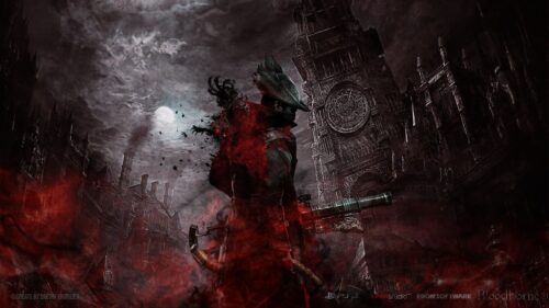 Bloodborne Hunter Standing Before a Gothic Clock Tower 4K Wallpaper