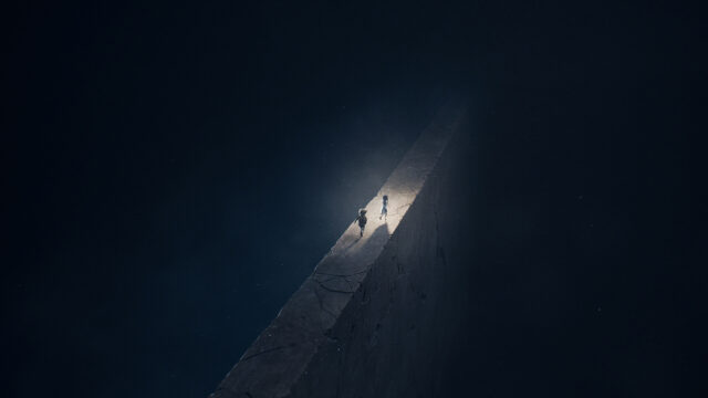 Two Figures on a Cracked Stone Path 4K Desktop Wallpaper