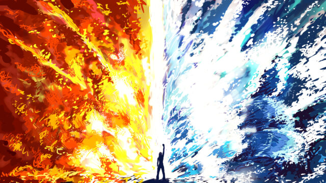 Duality of Fire and Ice Elemental Power 4K Desktop Wallpaper