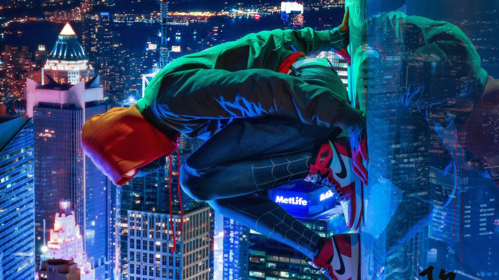 Miles Morales Spider-Man Hanging on Skyscraper 4K Desktop Wallpaper