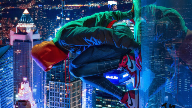 Miles Morales Spider-Man Hanging on Skyscraper 4K Desktop Wallpaper