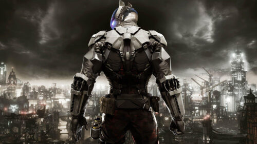 Arkham Knight Suit Standing Over Gotham City 4K Wallpaper