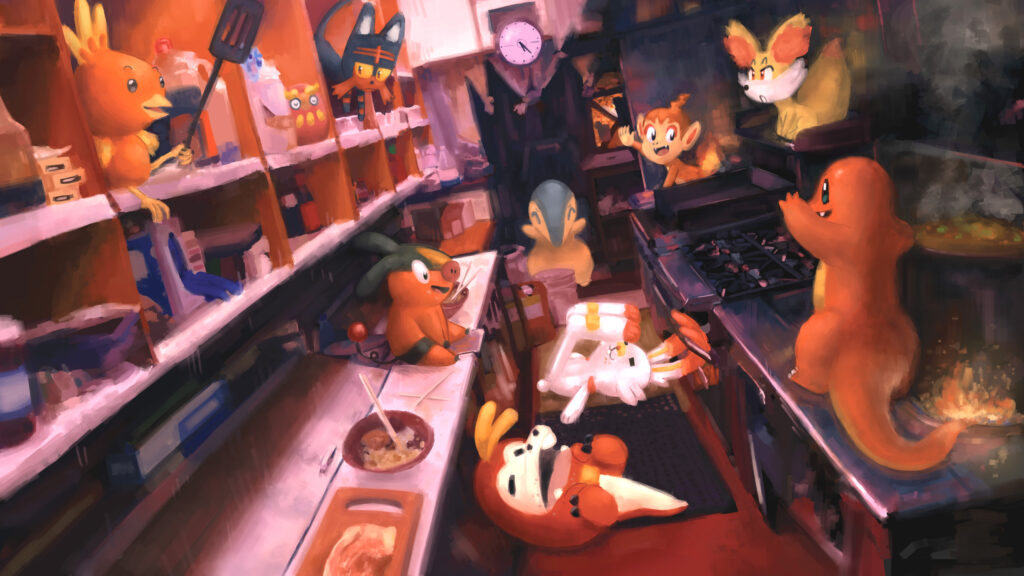 Pokémon Fire-Type Kitchen Chaos Desktop Wallpaper