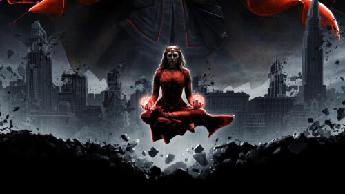 Scarlet Witch Levitating Over Ruined City 4K Wallpaper