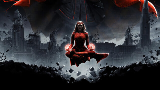 Scarlet Witch Levitating Over Ruined City 4K Wallpaper