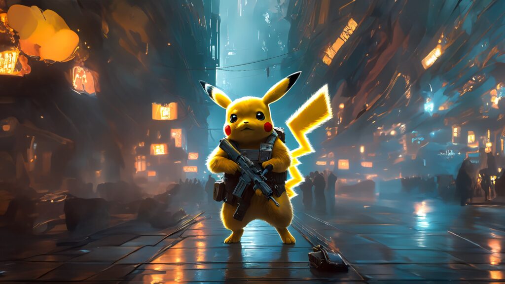 Cyberpunk Pikachu Tactical Soldier 4K Desktop Wallpaper