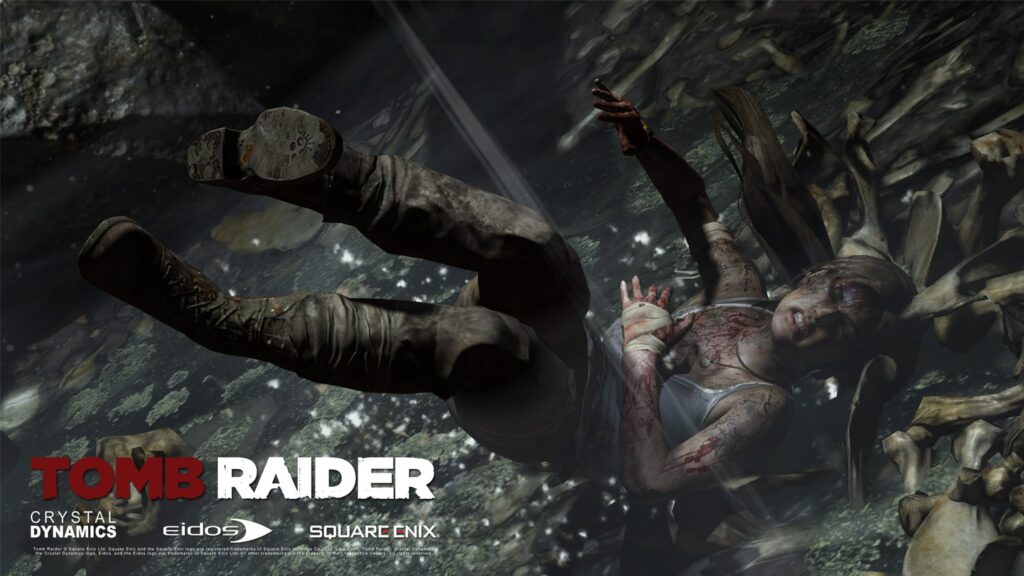 Lara Croft Falling into the Bone Pit 4K PC Wallpaper