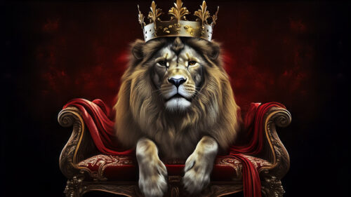 Majestic Lion Wearing a Golden Crown on a Royal Throne Desktop Wallpaper