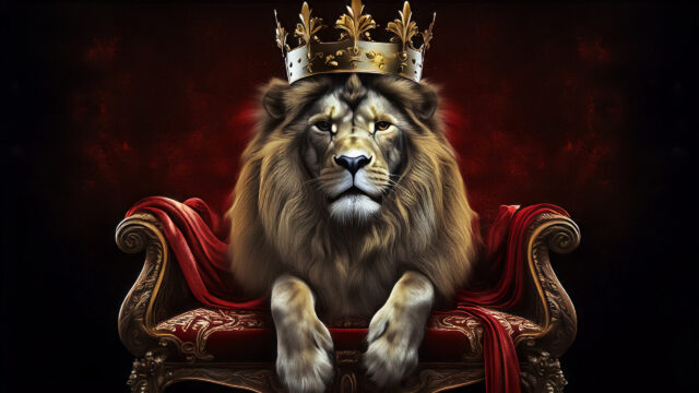 Majestic Lion Wearing a Golden Crown on a Royal Throne Desktop Wallpaper
