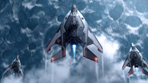 Futuristic Space Fighter Fleet 4K Desktop Wallpaper