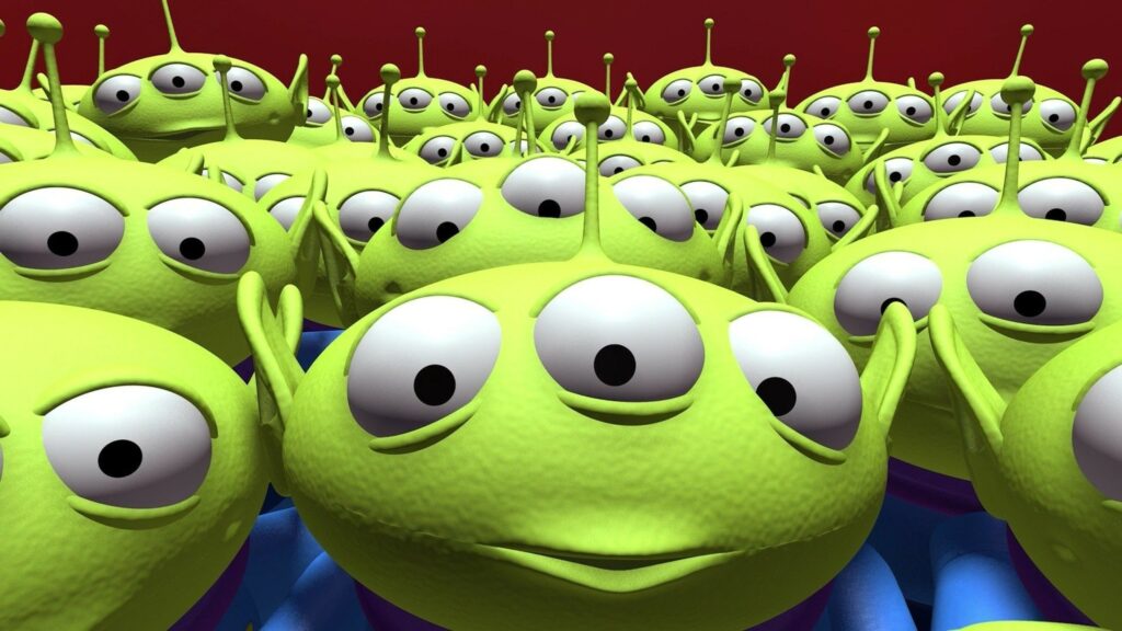 Three-Eyed Alien Green Characters Pixar Style 4K Desktop Wallpaper