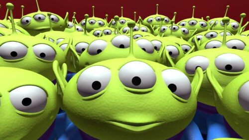 Three-Eyed Alien Green Characters Pixar Style 4K Desktop Wallpaper