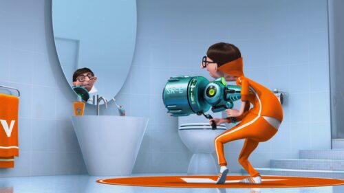 Vector Perkins with His Ray Gun in a Bathroom Desktop Wallpaper