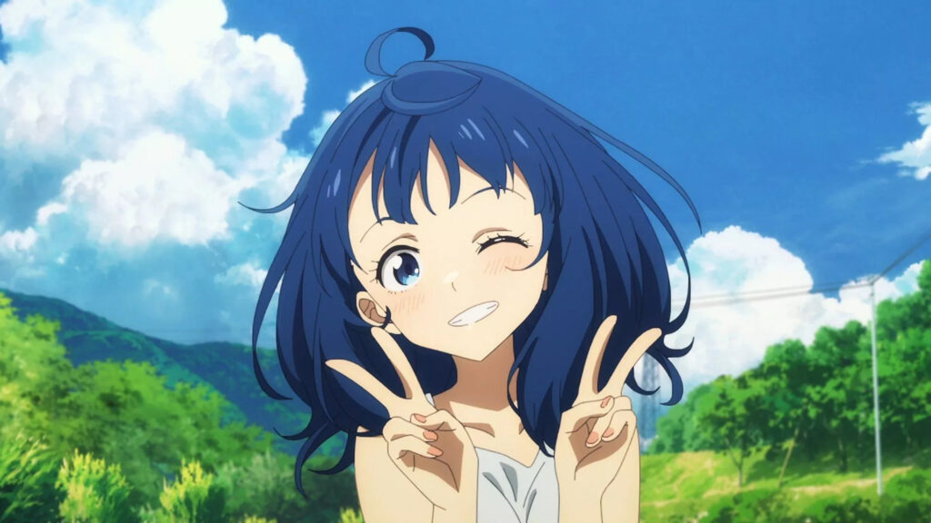 Cheerful Anime Girl with Blue Hair Desktop Wallpaper