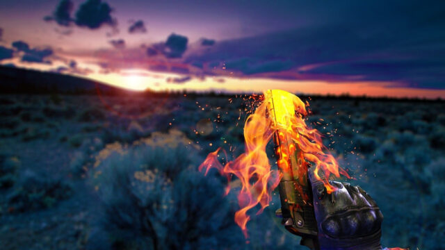 Burning Pistol Tactical Sunset Scene 4K Desktop Wallpaper