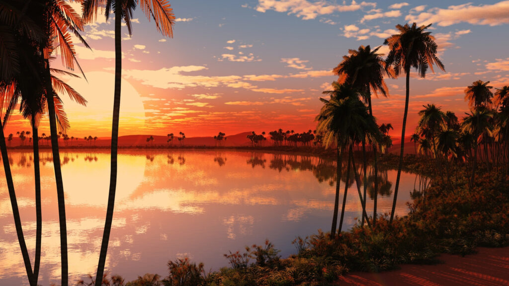 Tropical Desert Oasis Sunset Scene 4K Desktop Wallpaper