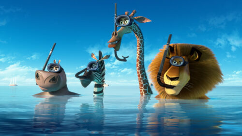 Madagascar Characters Swimming in Ocean 4K Desktop Wallpaper