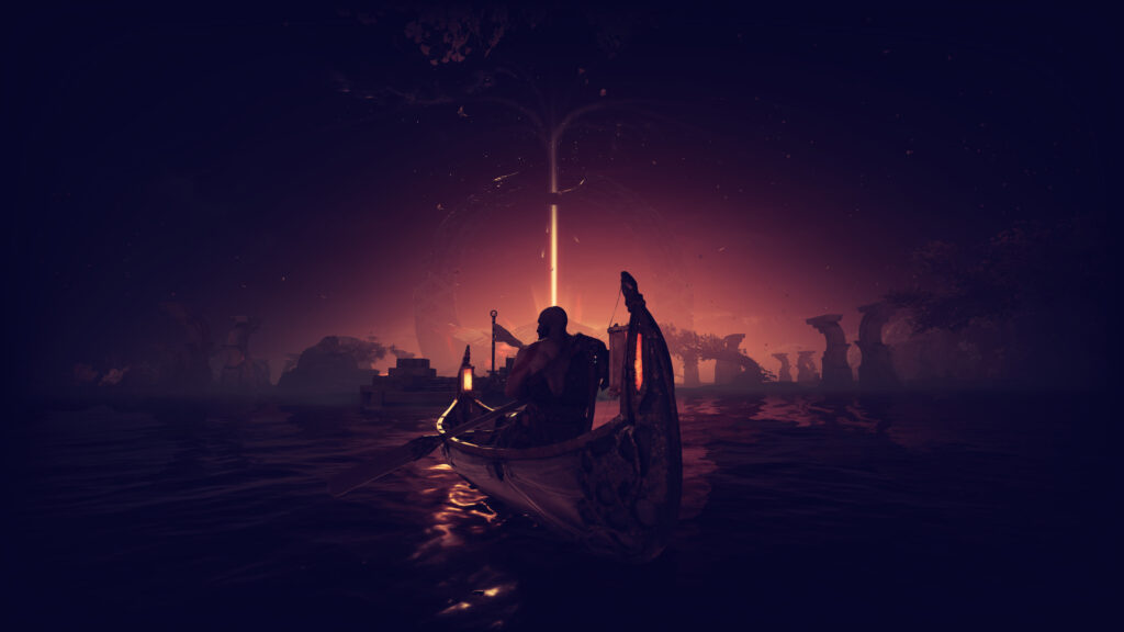 Kratos Rowing a Boat Towards the Light Desktop Wallpaper