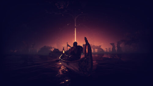 Kratos Rowing a Boat Towards the Light Desktop Wallpaper