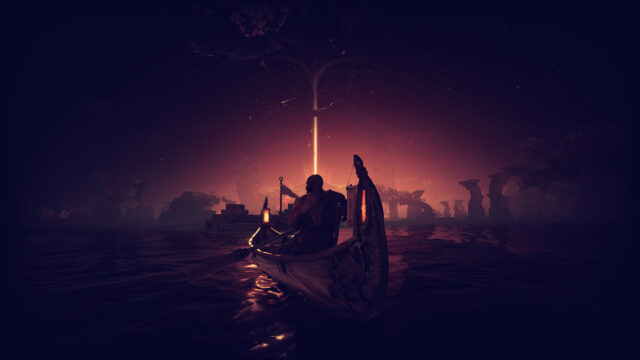 Kratos Rowing a Boat Towards the Light Desktop Wallpaper