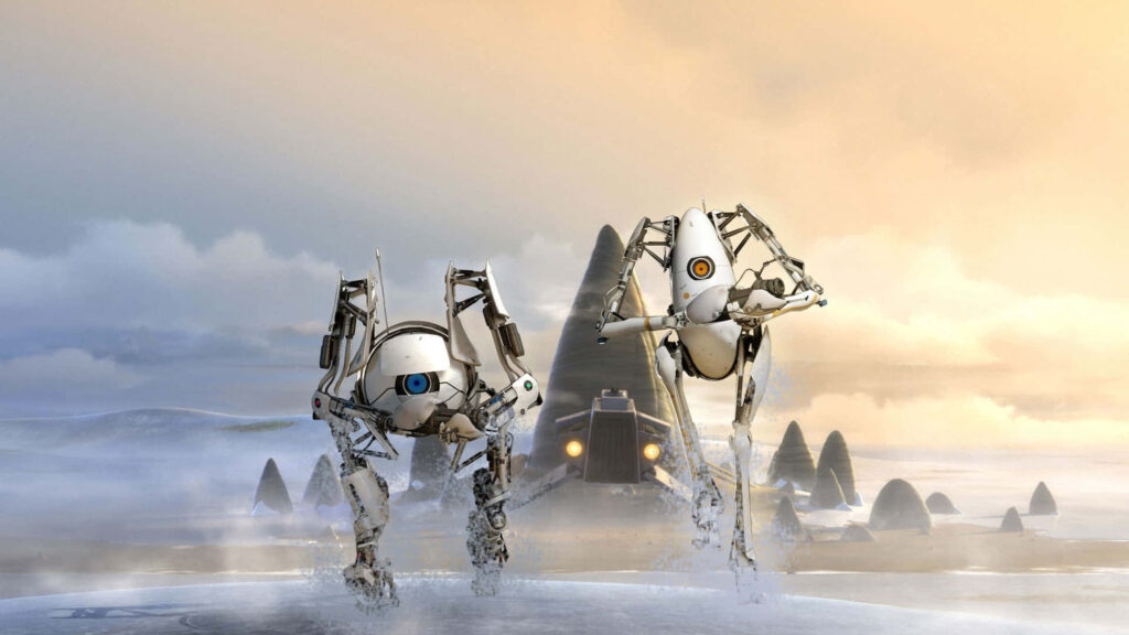 Portal 2 Atlas and P-Body Running Across Snowy Terrain Desktop Wallpaper