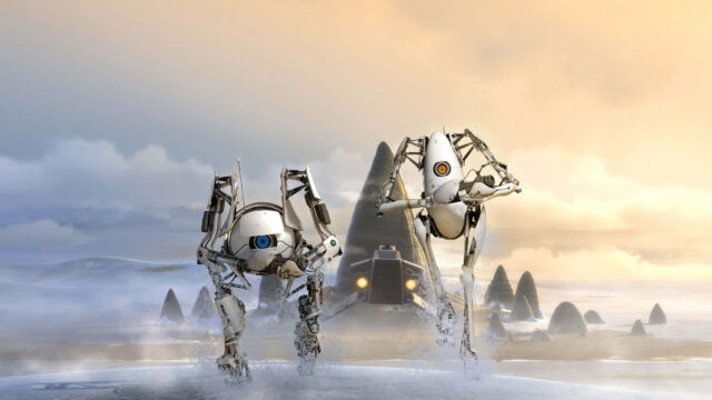 Portal 2 Atlas and P-Body Running Across Snowy Terrain Desktop Wallpaper