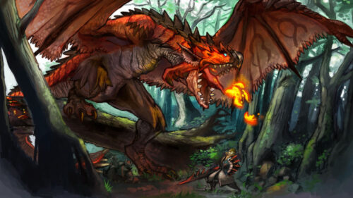 Rathalos Confronting a Hunter Fantasy Art Desktop Wallpaper